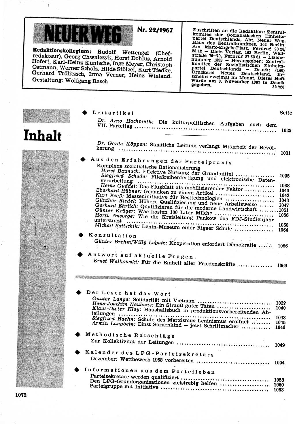 Neuer Weg (NW), Organ des Zentralkomitees (ZK) der SED (Sozialistische Einheitspartei Deutschlands) für Fragen des Parteilebens, 22. Jahrgang [Deutsche Demokratische Republik (DDR)] 1967, Seite 1072 (NW ZK SED DDR 1967, S. 1072)