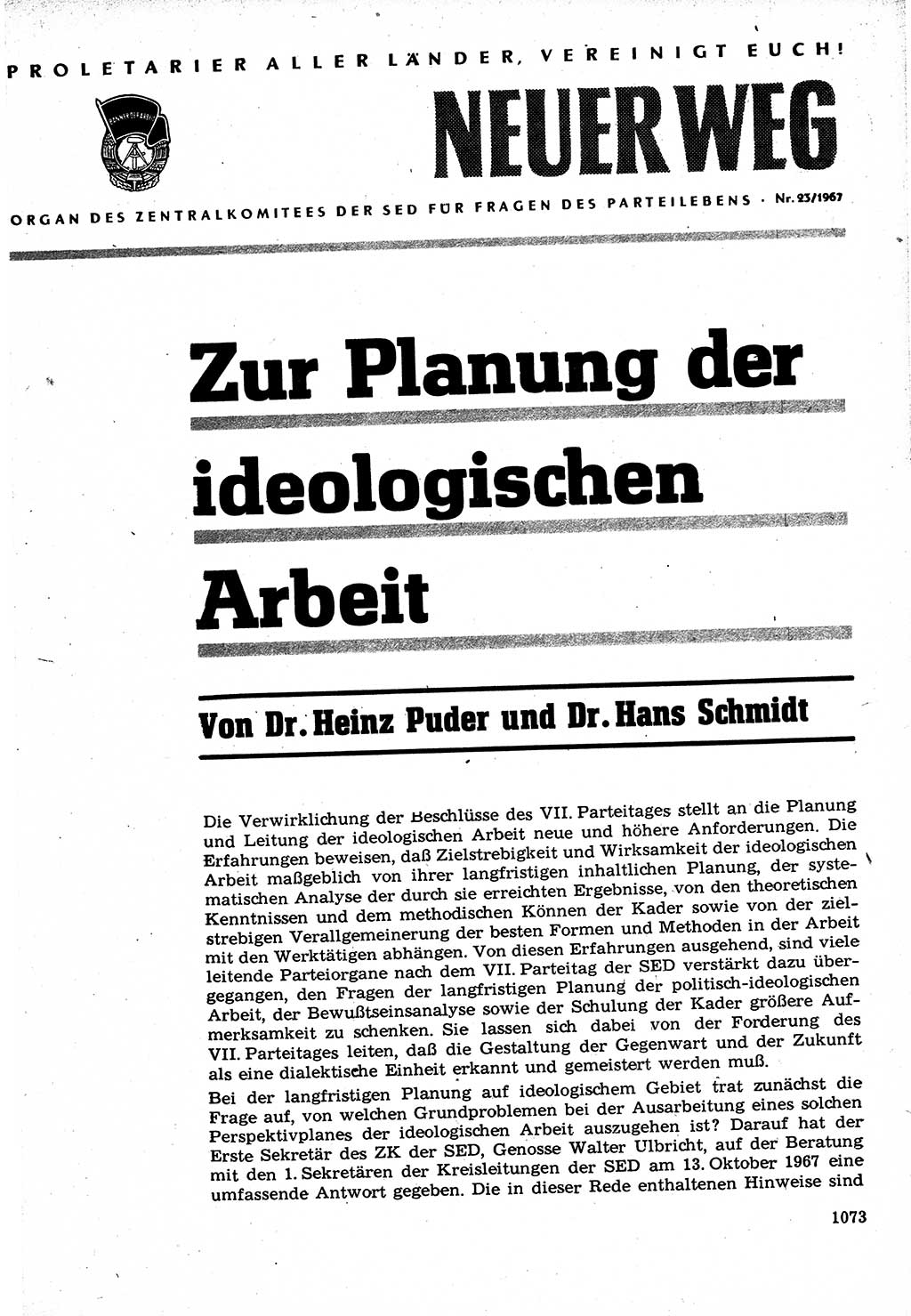 Neuer Weg (NW), Organ des Zentralkomitees (ZK) der SED (Sozialistische Einheitspartei Deutschlands) für Fragen des Parteilebens, 22. Jahrgang [Deutsche Demokratische Republik (DDR)] 1967, Seite 1073 (NW ZK SED DDR 1967, S. 1073)
