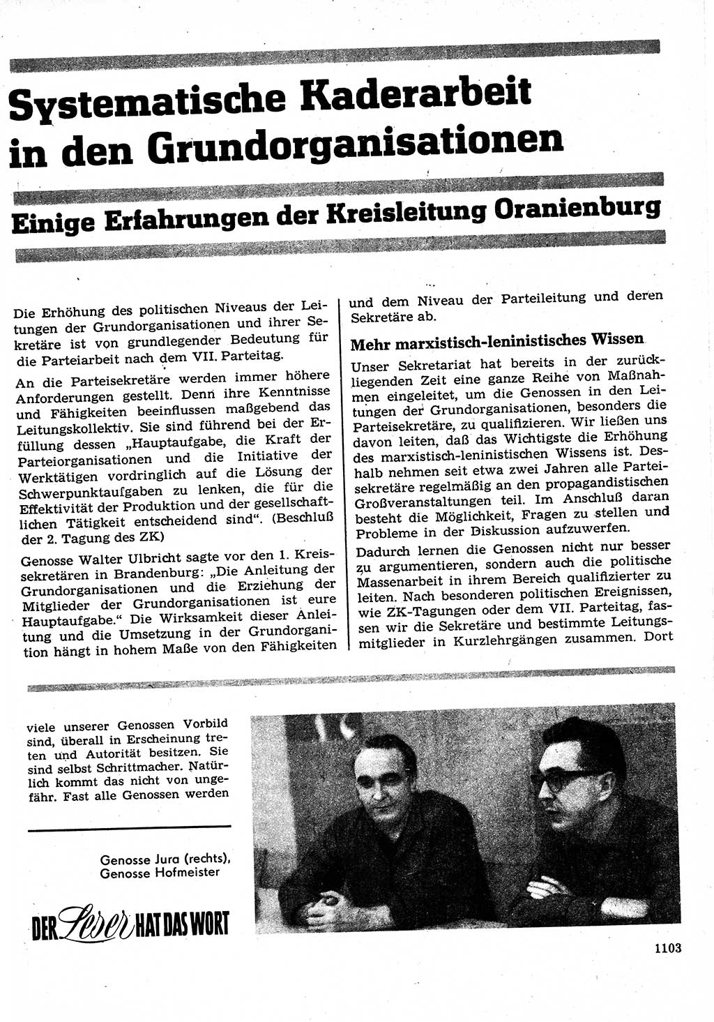 Neuer Weg (NW), Organ des Zentralkomitees (ZK) der SED (Sozialistische Einheitspartei Deutschlands) für Fragen des Parteilebens, 22. Jahrgang [Deutsche Demokratische Republik (DDR)] 1967, Seite 1103 (NW ZK SED DDR 1967, S. 1103)
