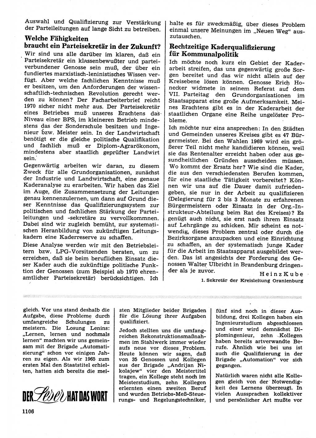 Neuer Weg (NW), Organ des Zentralkomitees (ZK) der SED (Sozialistische Einheitspartei Deutschlands) für Fragen des Parteilebens, 22. Jahrgang [Deutsche Demokratische Republik (DDR)] 1967, Seite 1106 (NW ZK SED DDR 1967, S. 1106)