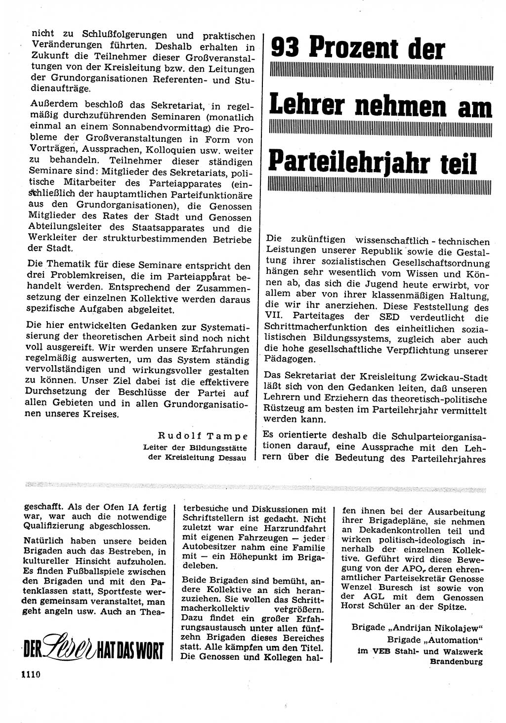Neuer Weg (NW), Organ des Zentralkomitees (ZK) der SED (Sozialistische Einheitspartei Deutschlands) für Fragen des Parteilebens, 22. Jahrgang [Deutsche Demokratische Republik (DDR)] 1967, Seite 1110 (NW ZK SED DDR 1967, S. 1110)