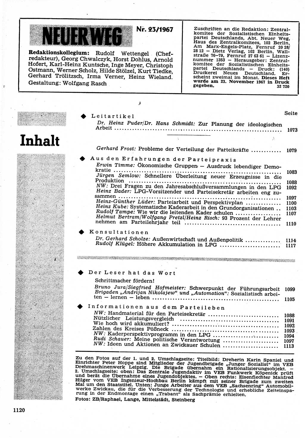 Neuer Weg (NW), Organ des Zentralkomitees (ZK) der SED (Sozialistische Einheitspartei Deutschlands) für Fragen des Parteilebens, 22. Jahrgang [Deutsche Demokratische Republik (DDR)] 1967, Seite 1120 (NW ZK SED DDR 1967, S. 1120)