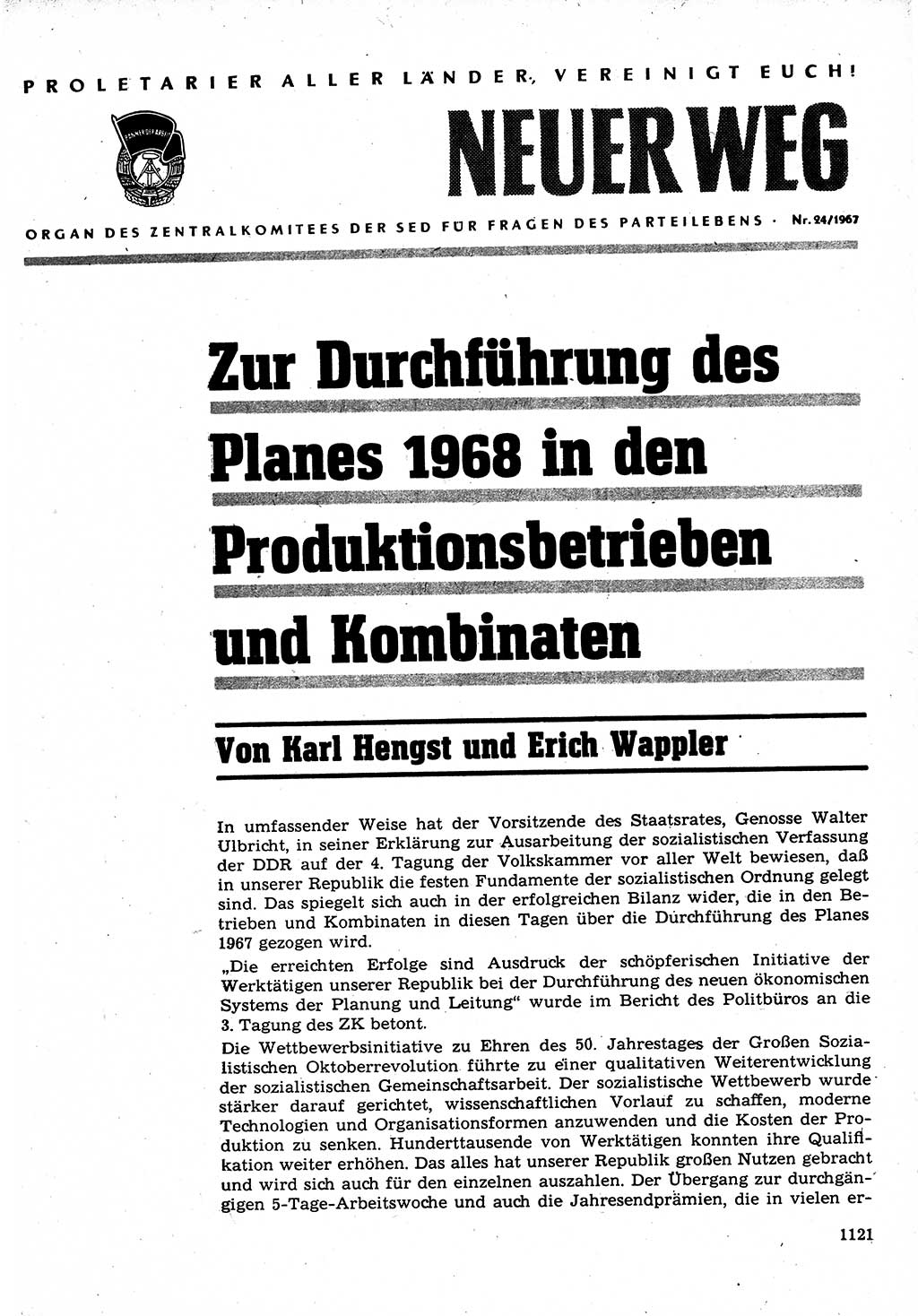 Neuer Weg (NW), Organ des Zentralkomitees (ZK) der SED (Sozialistische Einheitspartei Deutschlands) für Fragen des Parteilebens, 22. Jahrgang [Deutsche Demokratische Republik (DDR)] 1967, Seite 1121 (NW ZK SED DDR 1967, S. 1121)