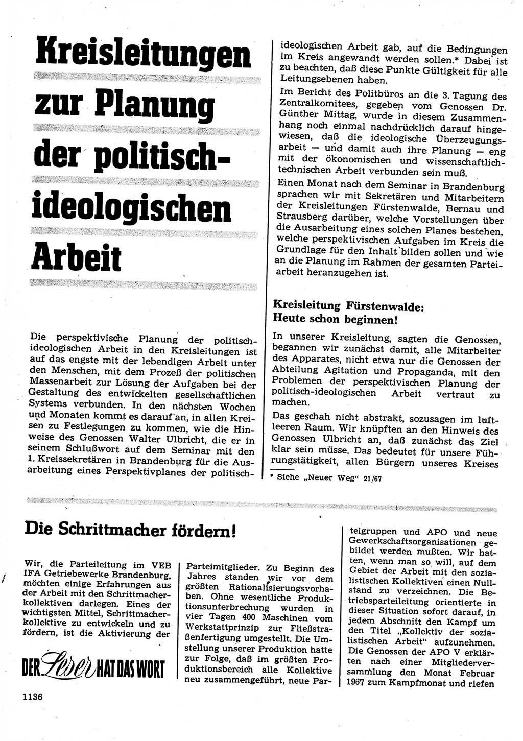 Neuer Weg (NW), Organ des Zentralkomitees (ZK) der SED (Sozialistische Einheitspartei Deutschlands) für Fragen des Parteilebens, 22. Jahrgang [Deutsche Demokratische Republik (DDR)] 1967, Seite 1136 (NW ZK SED DDR 1967, S. 1136)