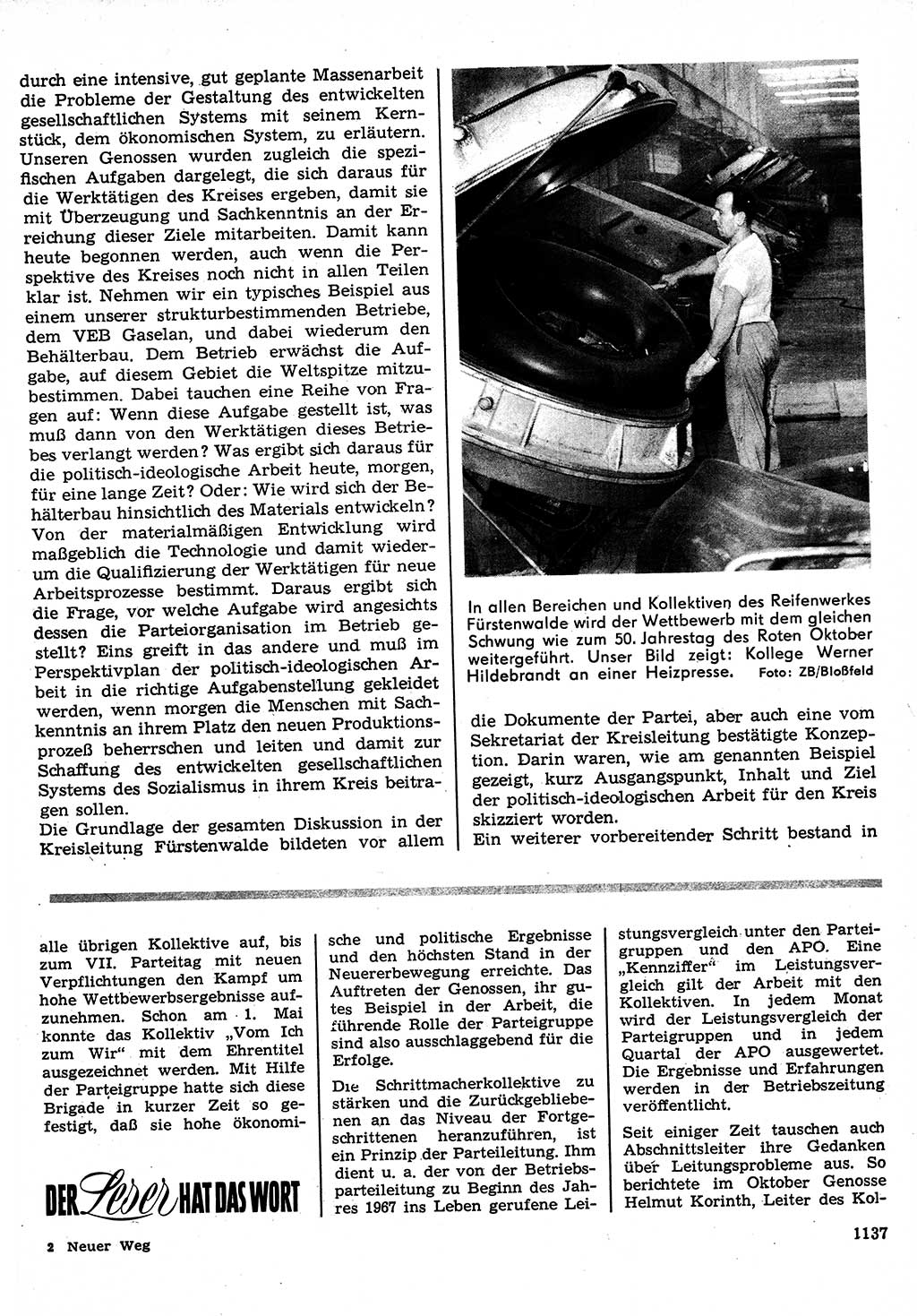 Neuer Weg (NW), Organ des Zentralkomitees (ZK) der SED (Sozialistische Einheitspartei Deutschlands) für Fragen des Parteilebens, 22. Jahrgang [Deutsche Demokratische Republik (DDR)] 1967, Seite 1137 (NW ZK SED DDR 1967, S. 1137)