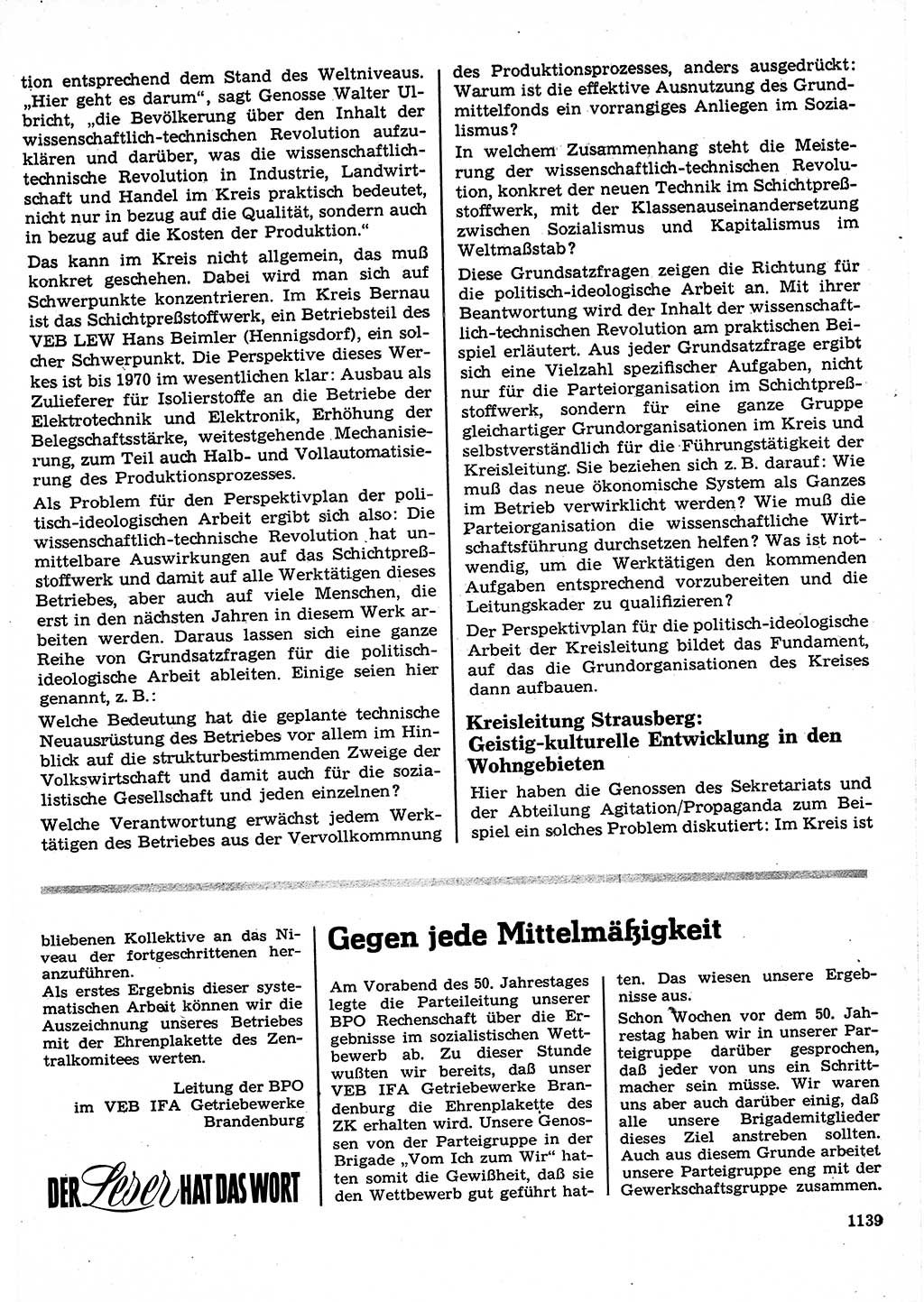 Neuer Weg (NW), Organ des Zentralkomitees (ZK) der SED (Sozialistische Einheitspartei Deutschlands) für Fragen des Parteilebens, 22. Jahrgang [Deutsche Demokratische Republik (DDR)] 1967, Seite 1139 (NW ZK SED DDR 1967, S. 1139)