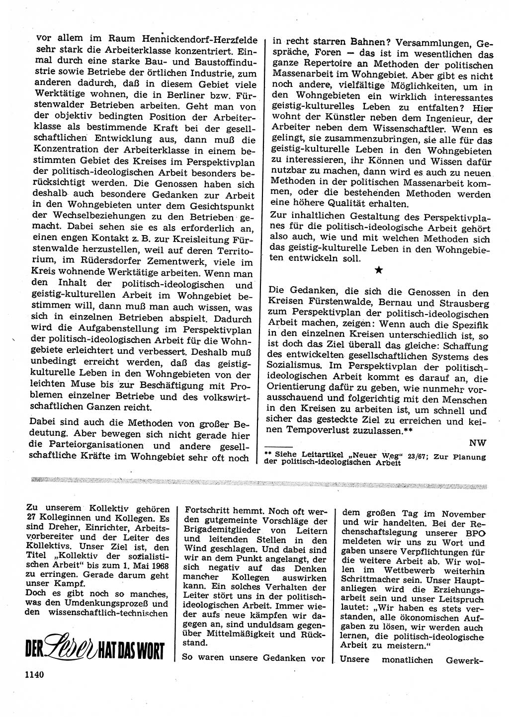 Neuer Weg (NW), Organ des Zentralkomitees (ZK) der SED (Sozialistische Einheitspartei Deutschlands) für Fragen des Parteilebens, 22. Jahrgang [Deutsche Demokratische Republik (DDR)] 1967, Seite 1140 (NW ZK SED DDR 1967, S. 1140)