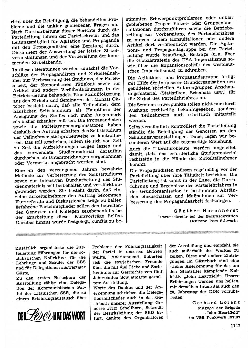 Neuer Weg (NW), Organ des Zentralkomitees (ZK) der SED (Sozialistische Einheitspartei Deutschlands) für Fragen des Parteilebens, 22. Jahrgang [Deutsche Demokratische Republik (DDR)] 1967, Seite 1147 (NW ZK SED DDR 1967, S. 1147)