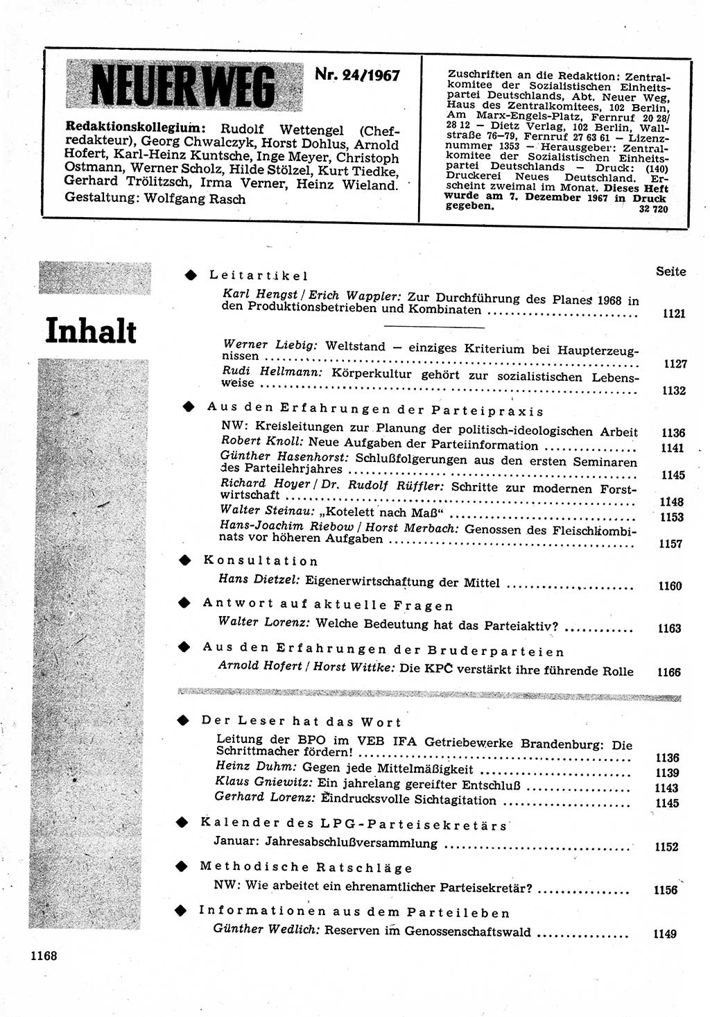 Neuer Weg (NW), Organ des Zentralkomitees (ZK) der SED (Sozialistische Einheitspartei Deutschlands) für Fragen des Parteilebens, 22. Jahrgang [Deutsche Demokratische Republik (DDR)] 1967, Seite 1168 (NW ZK SED DDR 1967, S. 1168)