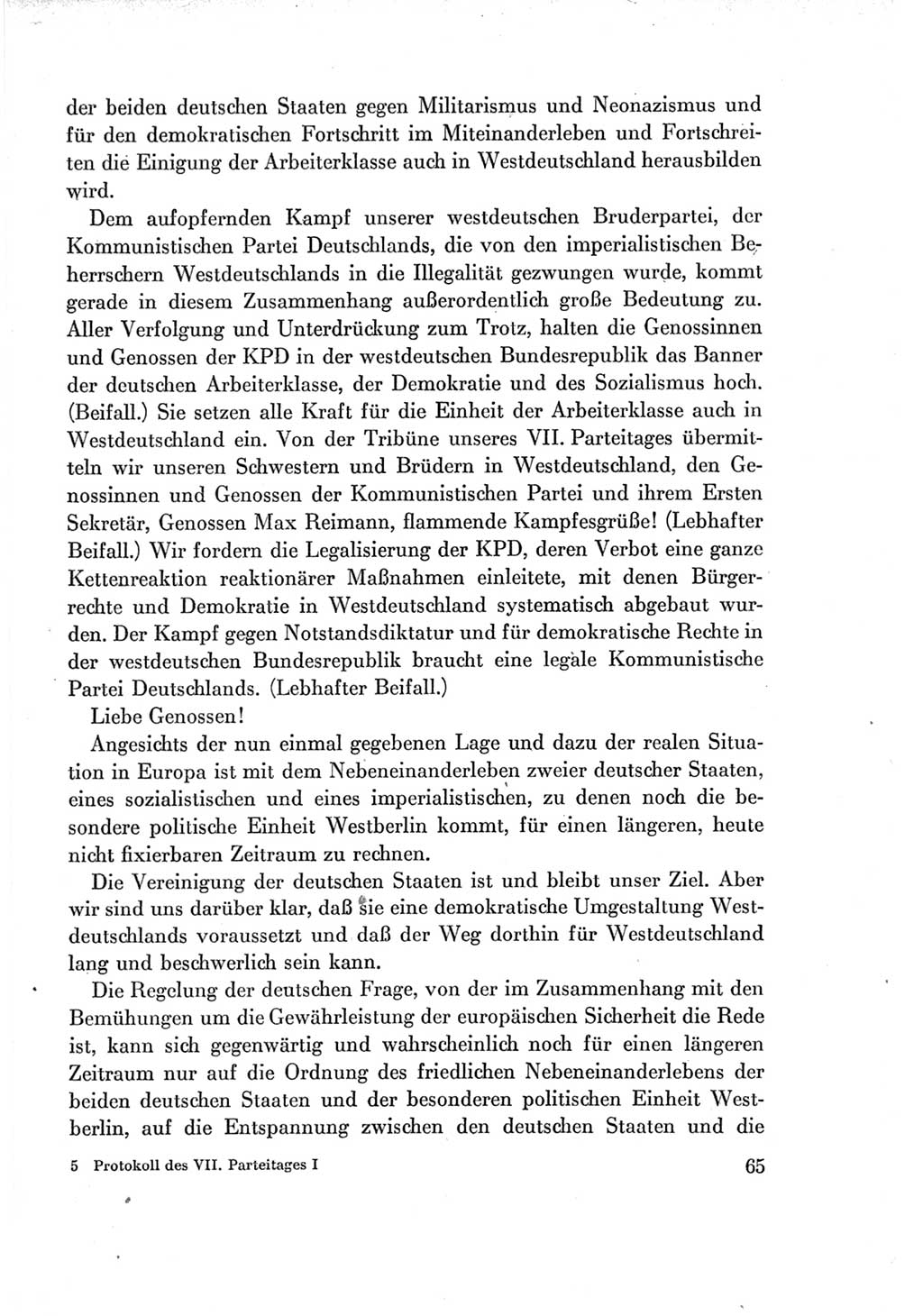 Protokoll der Verhandlungen des Ⅶ. Parteitages der Sozialistischen Einheitspartei Deutschlands (SED) [Deutsche Demokratische Republik (DDR)] 1967, Band Ⅰ, Seite 65 (Prot. Verh. Ⅶ. PT SED DDR 1967, Bd. Ⅰ, S. 65)