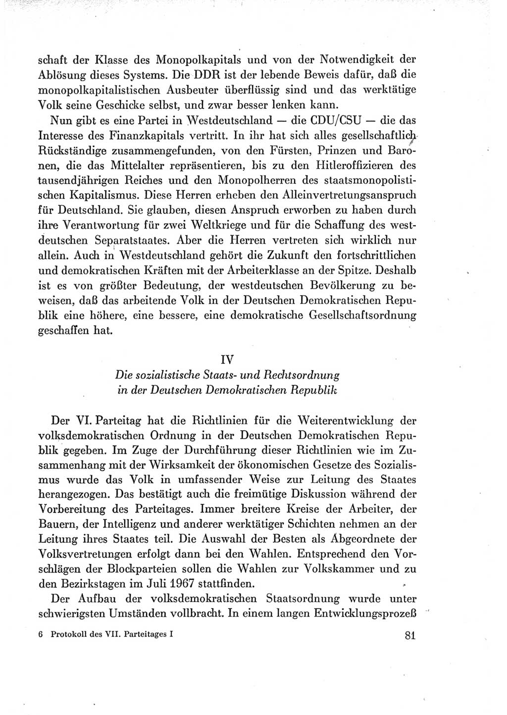Protokoll der Verhandlungen des Ⅶ. Parteitages der Sozialistischen Einheitspartei Deutschlands (SED) [Deutsche Demokratische Republik (DDR)] 1967, Band Ⅰ, Seite 81 (Prot. Verh. Ⅶ. PT SED DDR 1967, Bd. Ⅰ, S. 81)