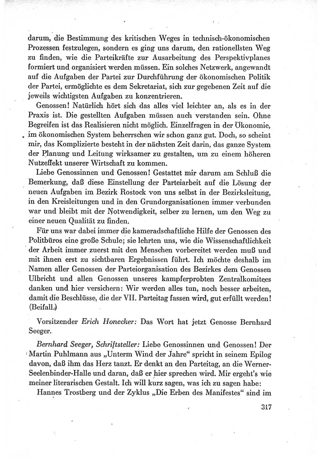 Protokoll der Verhandlungen des Ⅶ. Parteitages der Sozialistischen Einheitspartei Deutschlands (SED) [Deutsche Demokratische Republik (DDR)] 1967, Band Ⅰ, Seite 317 (Prot. Verh. Ⅶ. PT SED DDR 1967, Bd. Ⅰ, S. 317)