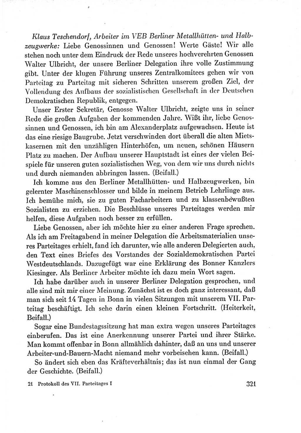 Protokoll der Verhandlungen des Ⅶ. Parteitages der Sozialistischen Einheitspartei Deutschlands (SED) [Deutsche Demokratische Republik (DDR)] 1967, Band Ⅰ, Seite 321 (Prot. Verh. Ⅶ. PT SED DDR 1967, Bd. Ⅰ, S. 321)