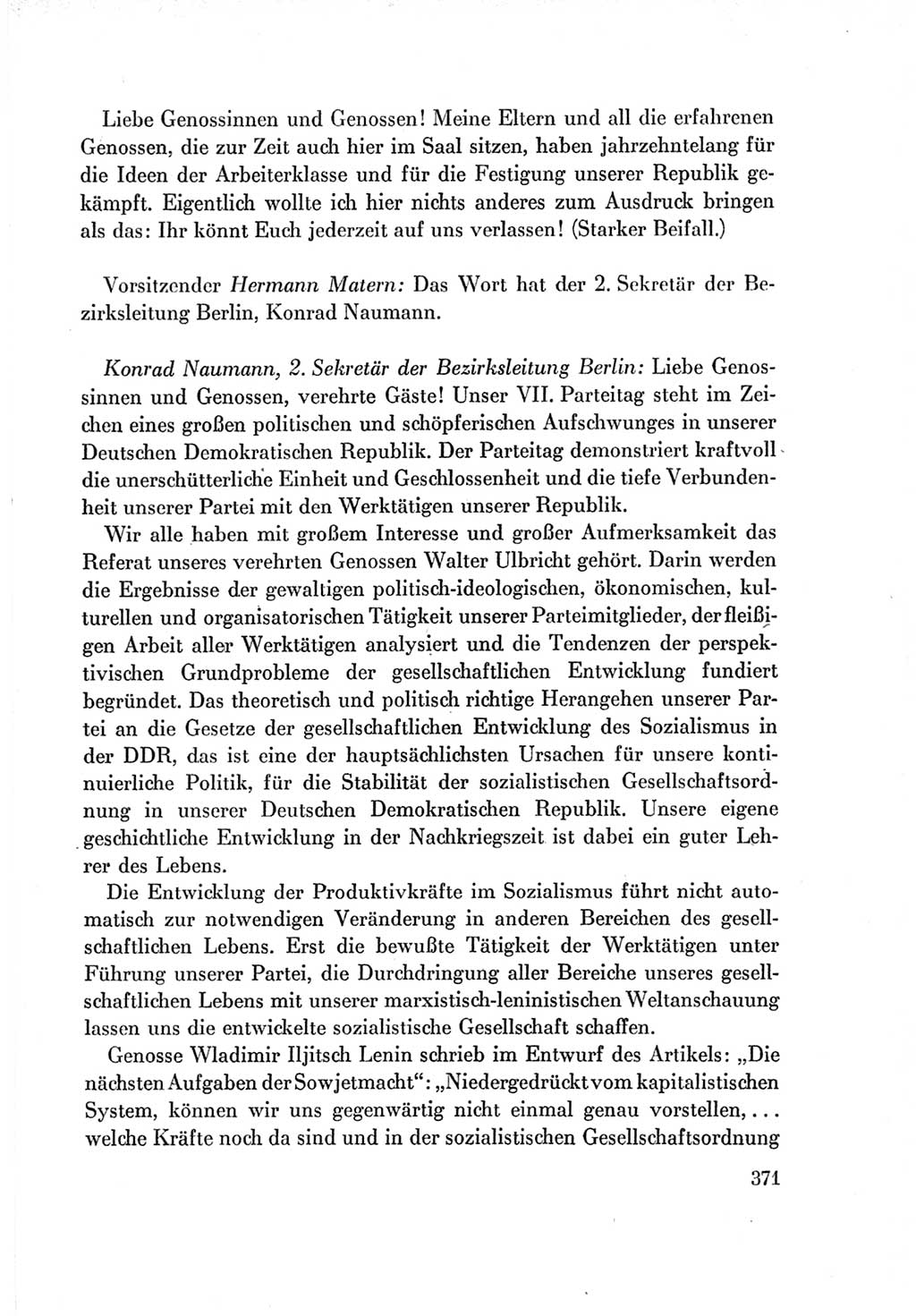 Protokoll der Verhandlungen des Ⅶ. Parteitages der Sozialistischen Einheitspartei Deutschlands (SED) [Deutsche Demokratische Republik (DDR)] 1967, Band Ⅰ, Seite 371 (Prot. Verh. Ⅶ. PT SED DDR 1967, Bd. Ⅰ, S. 371)