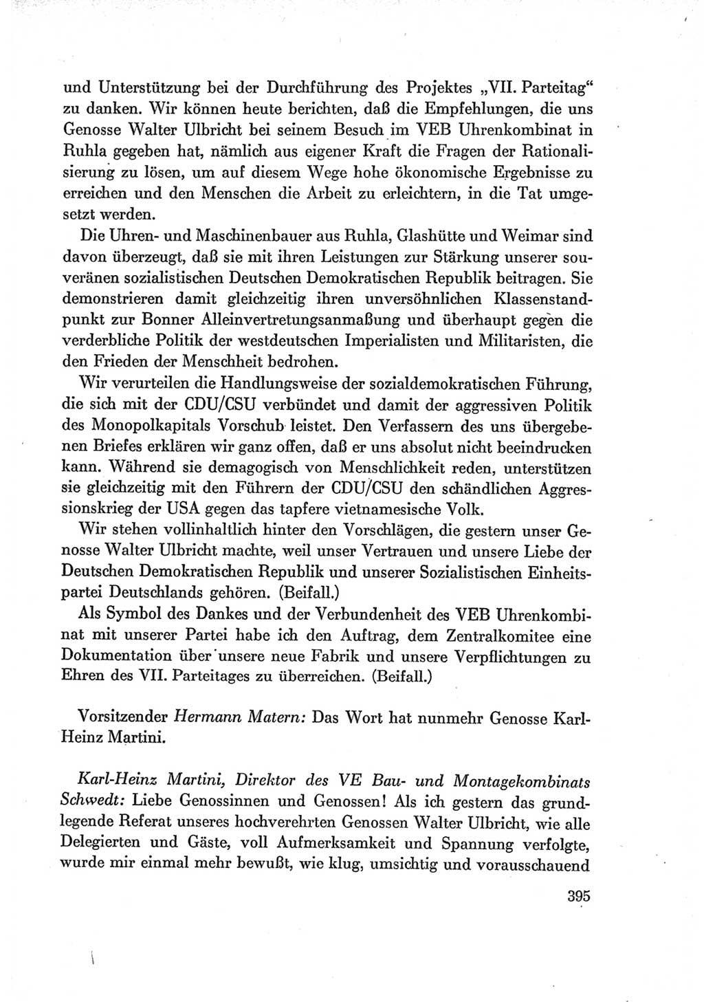 Protokoll der Verhandlungen des Ⅶ. Parteitages der Sozialistischen Einheitspartei Deutschlands (SED) [Deutsche Demokratische Republik (DDR)] 1967, Band Ⅰ, Seite 395 (Prot. Verh. Ⅶ. PT SED DDR 1967, Bd. Ⅰ, S. 395)