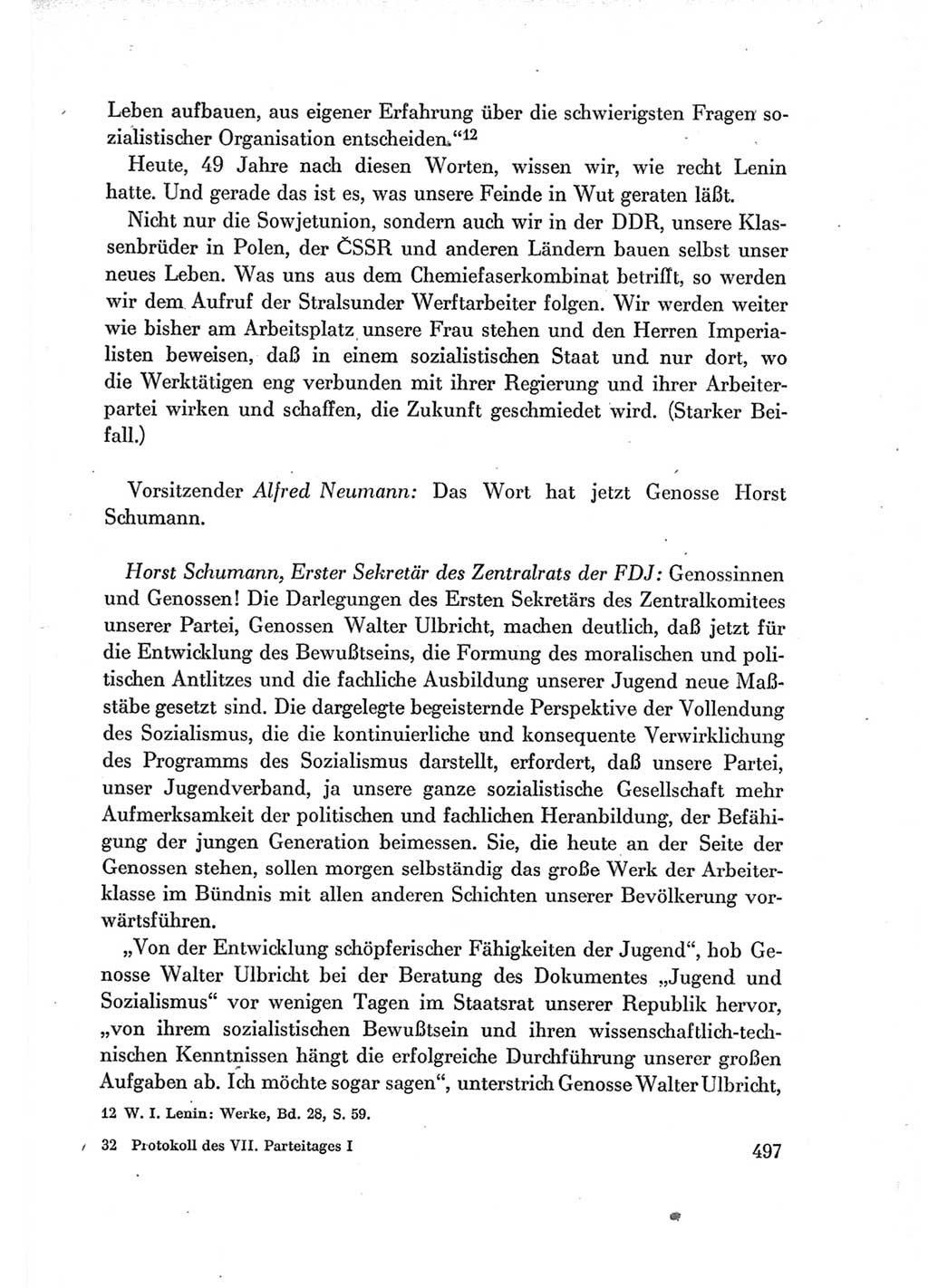 Protokoll der Verhandlungen des Ⅶ. Parteitages der Sozialistischen Einheitspartei Deutschlands (SED) [Deutsche Demokratische Republik (DDR)] 1967, Band Ⅰ, Seite 497 (Prot. Verh. Ⅶ. PT SED DDR 1967, Bd. Ⅰ, S. 497)