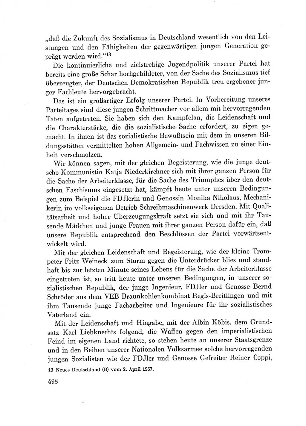 Protokoll der Verhandlungen des Ⅶ. Parteitages der Sozialistischen Einheitspartei Deutschlands (SED) [Deutsche Demokratische Republik (DDR)] 1967, Band Ⅰ, Seite 498 (Prot. Verh. Ⅶ. PT SED DDR 1967, Bd. Ⅰ, S. 498)