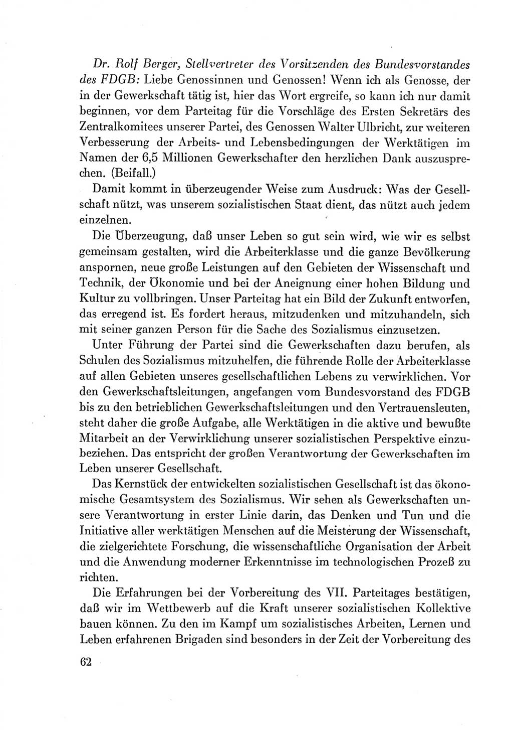 Protokoll der Verhandlungen des Ⅶ. Parteitages der Sozialistischen Einheitspartei Deutschlands (SED) [Deutsche Demokratische Republik (DDR)] 1967, Band Ⅱ, Seite 62 (Prot. Verh. Ⅶ. PT SED DDR 1967, Bd. Ⅱ, S. 62)