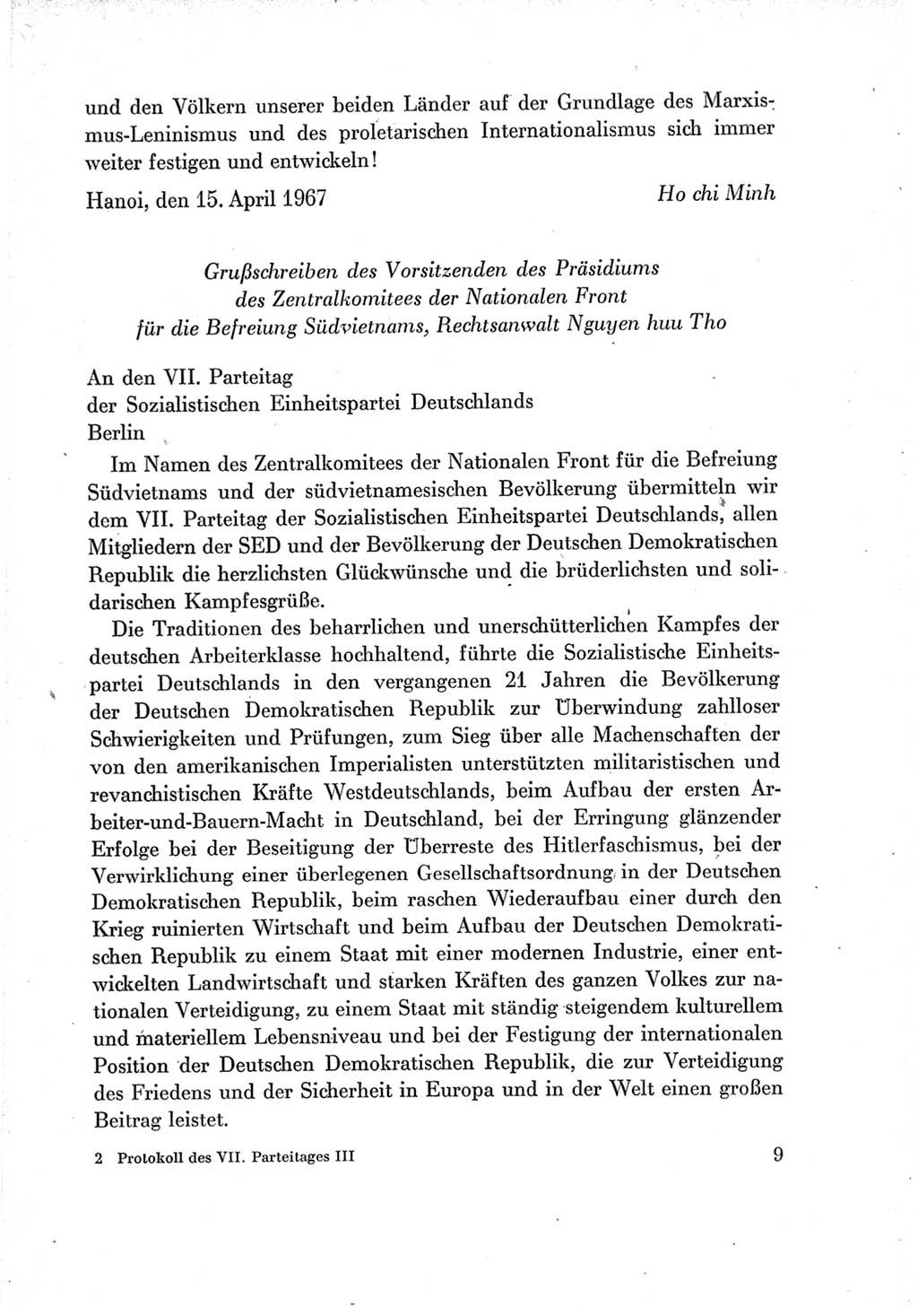 Protokoll der Verhandlungen des Ⅶ. Parteitages der Sozialistischen Einheitspartei Deutschlands (SED) [Deutsche Demokratische Republik (DDR)] 1967, Band Ⅲ, Seite 9 (Prot. Verh. Ⅶ. PT SED DDR 1967, Bd. Ⅲ, S. 9)