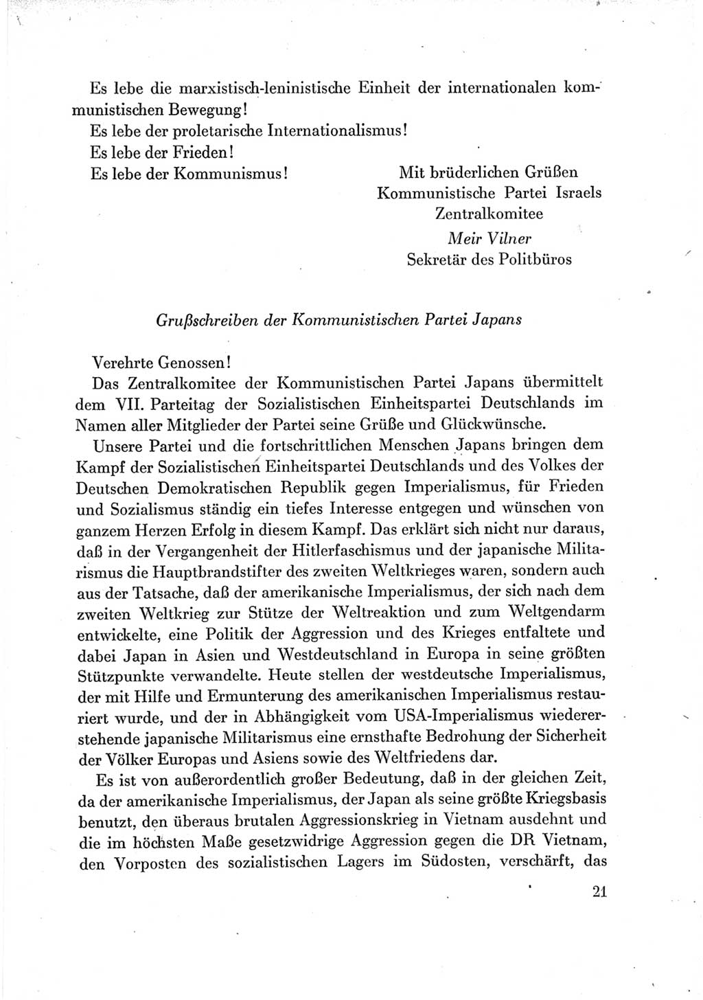Protokoll der Verhandlungen des Ⅶ. Parteitages der Sozialistischen Einheitspartei Deutschlands (SED) [Deutsche Demokratische Republik (DDR)] 1967, Band Ⅲ, Seite 21 (Prot. Verh. Ⅶ. PT SED DDR 1967, Bd. Ⅲ, S. 21)