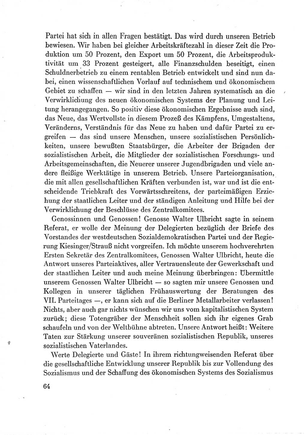 Protokoll der Verhandlungen des Ⅶ. Parteitages der Sozialistischen Einheitspartei Deutschlands (SED) [Deutsche Demokratische Republik (DDR)] 1967, Band Ⅲ, Seite 64 (Prot. Verh. Ⅶ. PT SED DDR 1967, Bd. Ⅲ, S. 64)