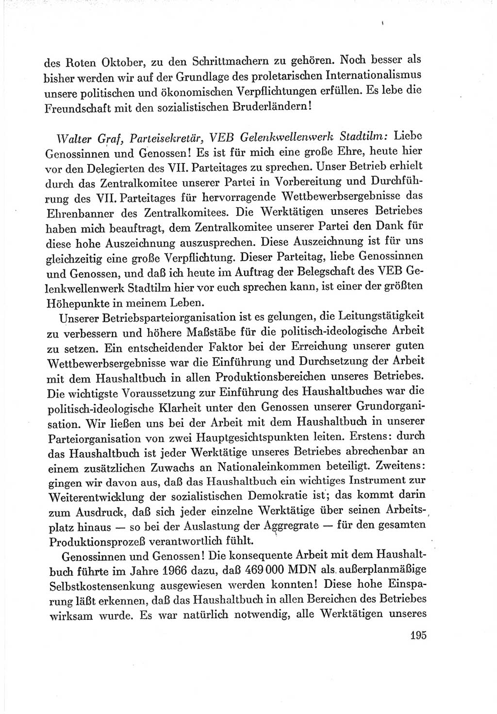 Protokoll der Verhandlungen des Ⅶ. Parteitages der Sozialistischen Einheitspartei Deutschlands (SED) [Deutsche Demokratische Republik (DDR)] 1967, Band Ⅲ, Seite 195 (Prot. Verh. Ⅶ. PT SED DDR 1967, Bd. Ⅲ, S. 195)