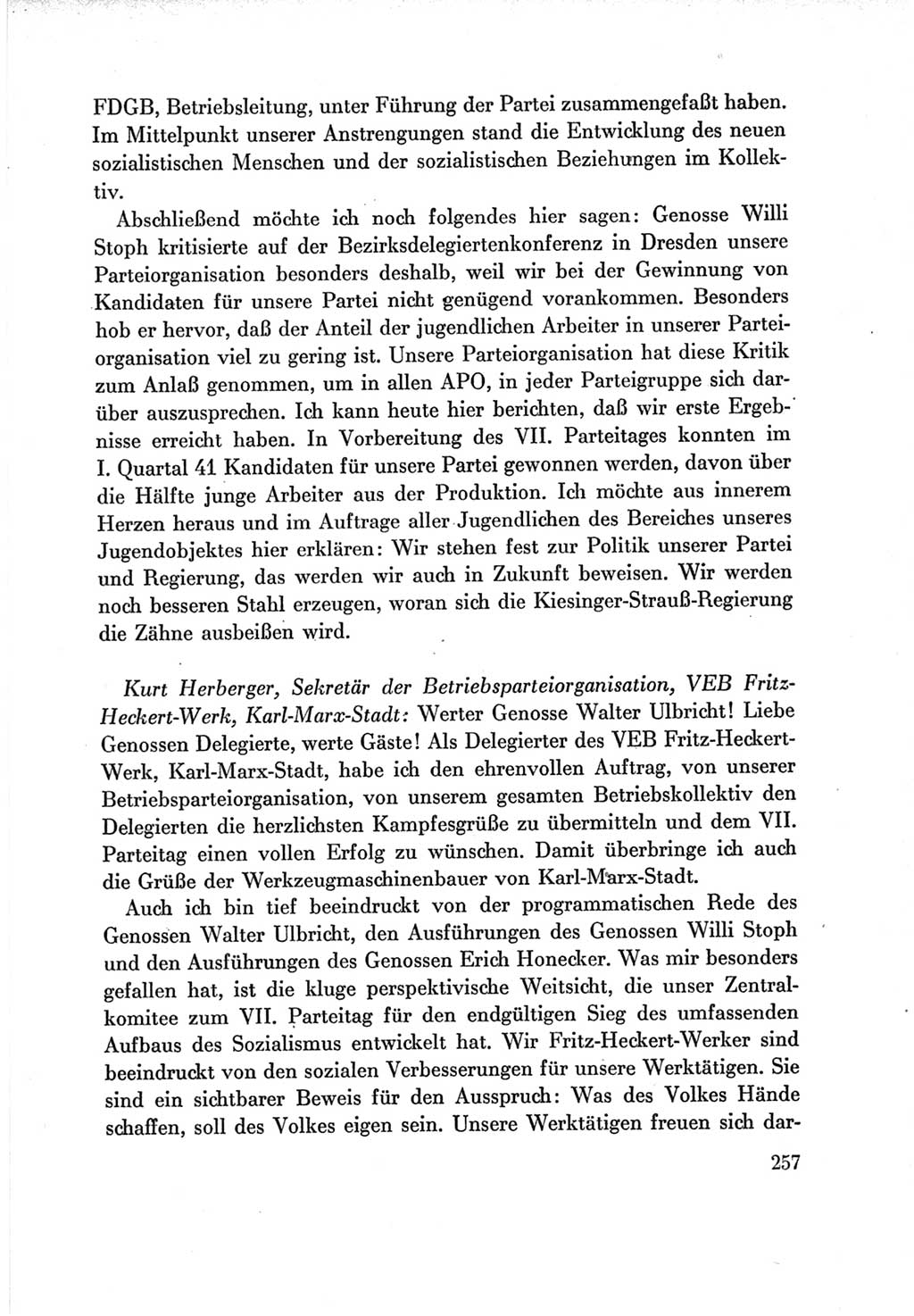 Protokoll der Verhandlungen des Ⅶ. Parteitages der Sozialistischen Einheitspartei Deutschlands (SED) [Deutsche Demokratische Republik (DDR)] 1967, Band Ⅲ, Seite 257 (Prot. Verh. Ⅶ. PT SED DDR 1967, Bd. Ⅲ, S. 257)
