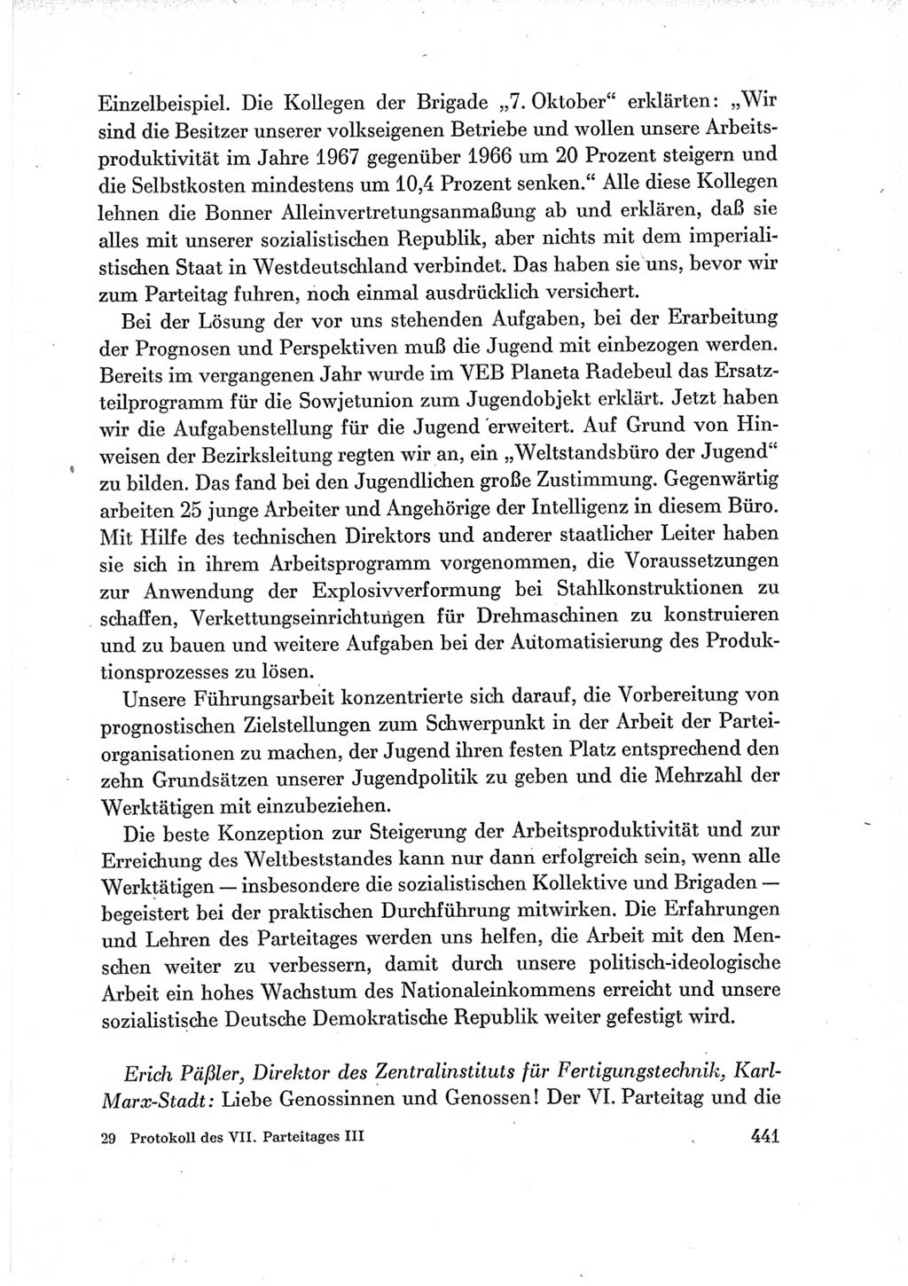 Protokoll der Verhandlungen des Ⅶ. Parteitages der Sozialistischen Einheitspartei Deutschlands (SED) [Deutsche Demokratische Republik (DDR)] 1967, Band Ⅲ, Seite 441 (Prot. Verh. Ⅶ. PT SED DDR 1967, Bd. Ⅲ, S. 441)