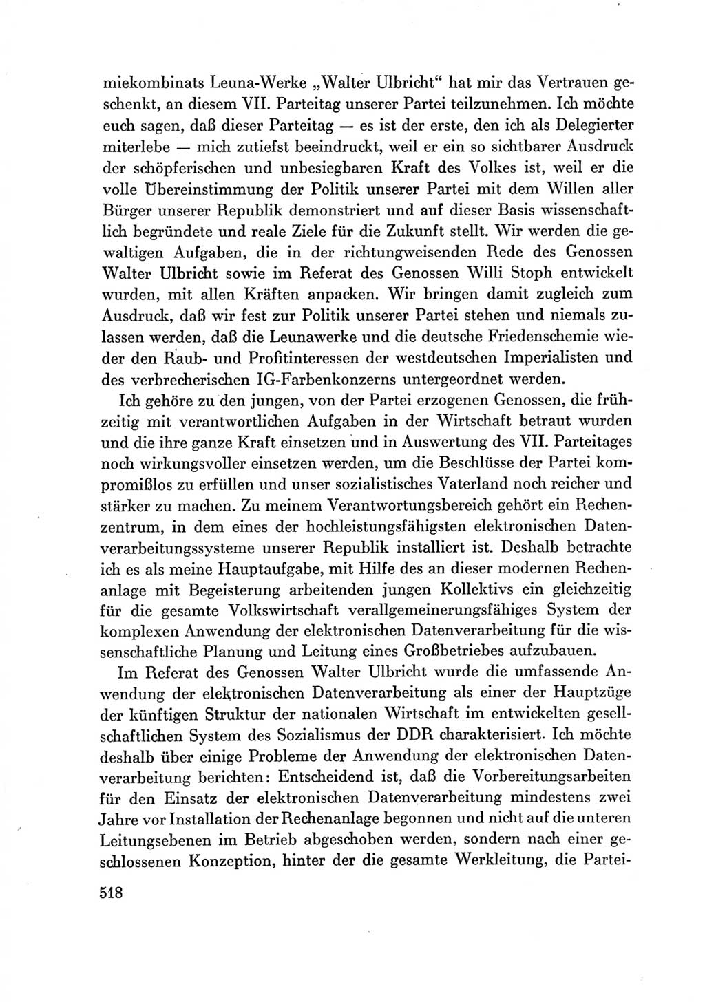 Protokoll der Verhandlungen des Ⅶ. Parteitages der Sozialistischen Einheitspartei Deutschlands (SED) [Deutsche Demokratische Republik (DDR)] 1967, Band Ⅲ, Seite 518 (Prot. Verh. Ⅶ. PT SED DDR 1967, Bd. Ⅲ, S. 518)