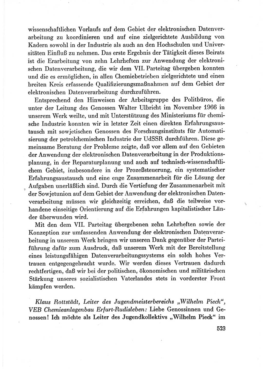 Protokoll der Verhandlungen des Ⅶ. Parteitages der Sozialistischen Einheitspartei Deutschlands (SED) [Deutsche Demokratische Republik (DDR)] 1967, Band Ⅲ, Seite 523 (Prot. Verh. Ⅶ. PT SED DDR 1967, Bd. Ⅲ, S. 523)