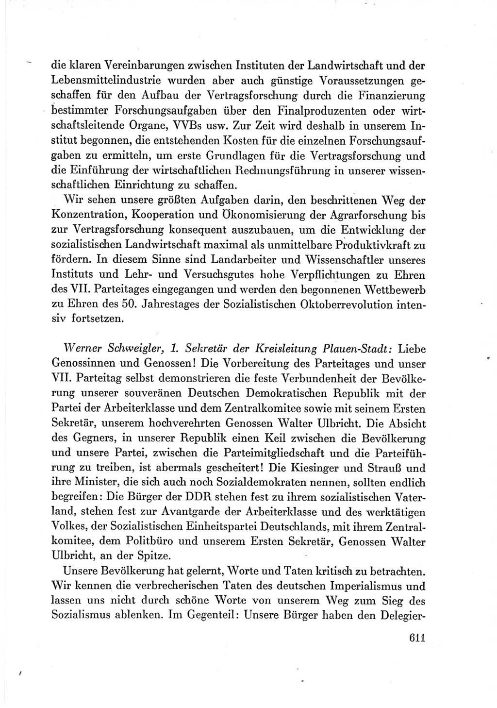 Protokoll der Verhandlungen des Ⅶ. Parteitages der Sozialistischen Einheitspartei Deutschlands (SED) [Deutsche Demokratische Republik (DDR)] 1967, Band Ⅲ, Seite 611 (Prot. Verh. Ⅶ. PT SED DDR 1967, Bd. Ⅲ, S. 611)
