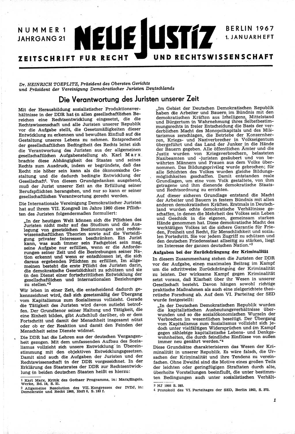 Neue Justiz (NJ), Zeitschrift für Recht und Rechtswissenschaft [Deutsche Demokratische Republik (DDR)], 21. Jahrgang 1967, Seite 1 (NJ DDR 1967, S. 1)