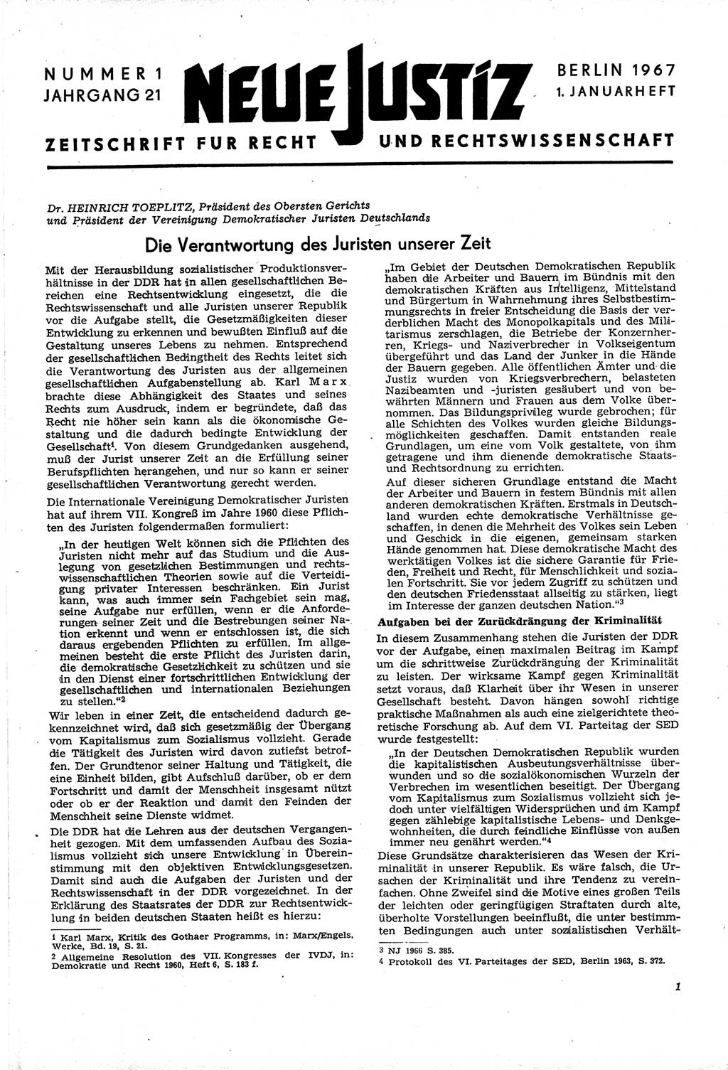Neue Justiz (NJ), Zeitschrift für Recht und Rechtswissenschaft [Deutsche Demokratische Republik (DDR)], 21. Jahrgang 1967, Seite 1 (NJ DDR 1967, S. 1)
