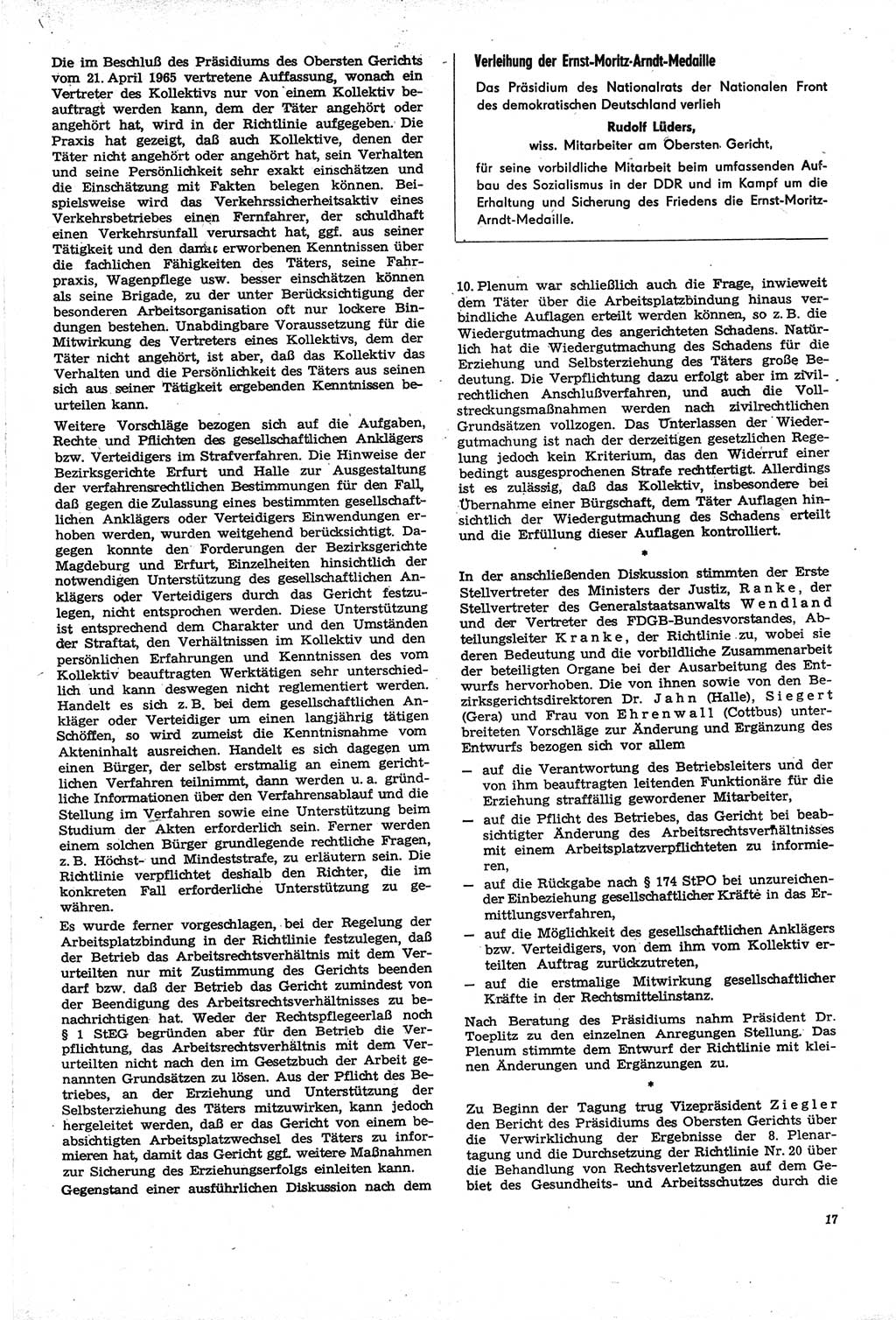 Neue Justiz (NJ), Zeitschrift für Recht und Rechtswissenschaft [Deutsche Demokratische Republik (DDR)], 21. Jahrgang 1967, Seite 17 (NJ DDR 1967, S. 17)