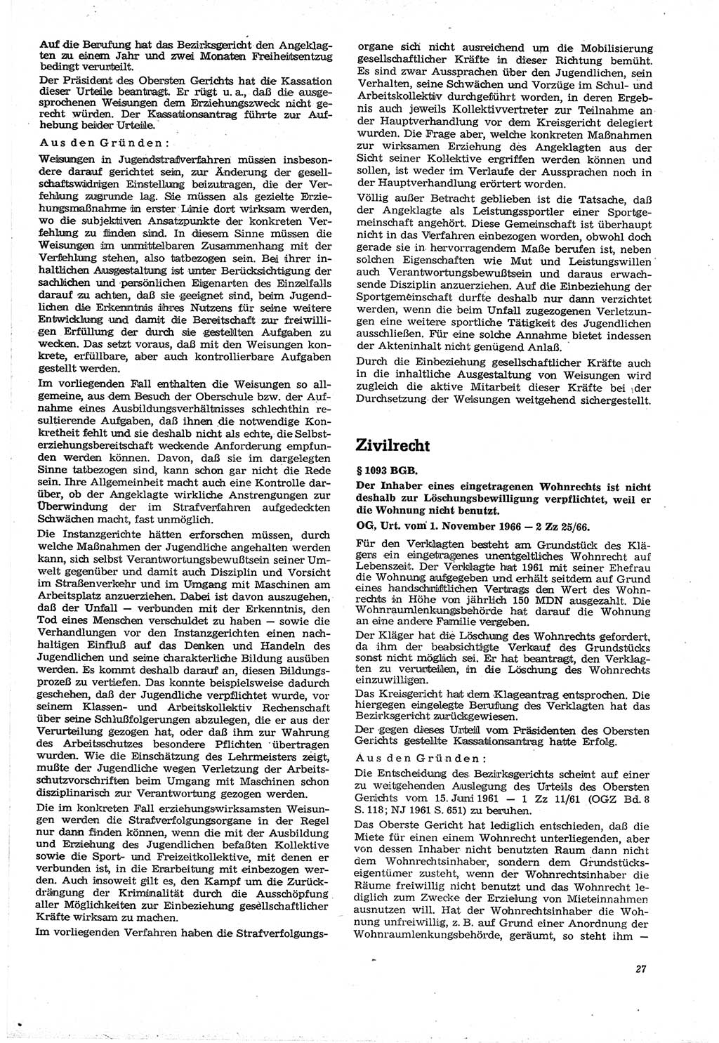 Neue Justiz (NJ), Zeitschrift für Recht und Rechtswissenschaft [Deutsche Demokratische Republik (DDR)], 21. Jahrgang 1967, Seite 27 (NJ DDR 1967, S. 27)
