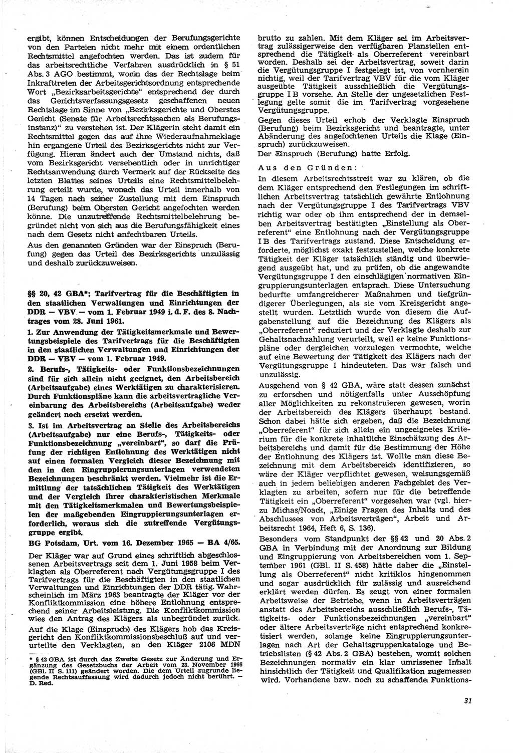 Neue Justiz (NJ), Zeitschrift für Recht und Rechtswissenschaft [Deutsche Demokratische Republik (DDR)], 21. Jahrgang 1967, Seite 31 (NJ DDR 1967, S. 31)
