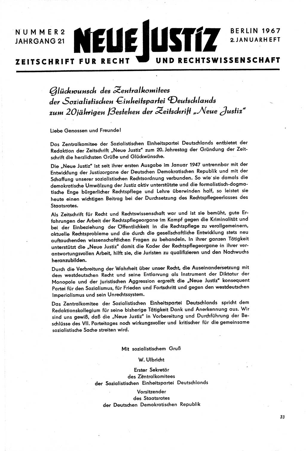 Neue Justiz (NJ), Zeitschrift für Recht und Rechtswissenschaft [Deutsche Demokratische Republik (DDR)], 21. Jahrgang 1967, Seite 33 (NJ DDR 1967, S. 33)
