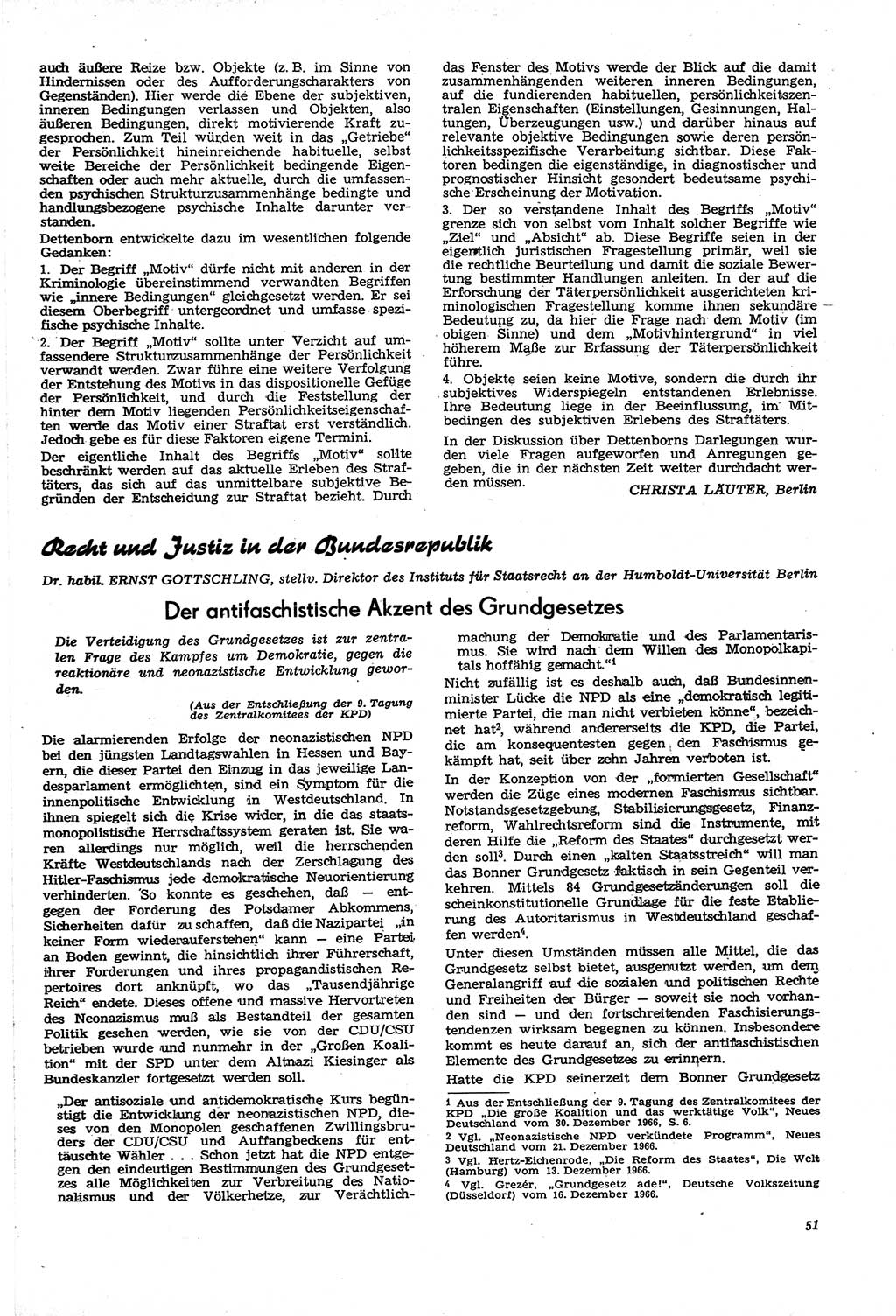 Neue Justiz (NJ), Zeitschrift für Recht und Rechtswissenschaft [Deutsche Demokratische Republik (DDR)], 21. Jahrgang 1967, Seite 51 (NJ DDR 1967, S. 51)