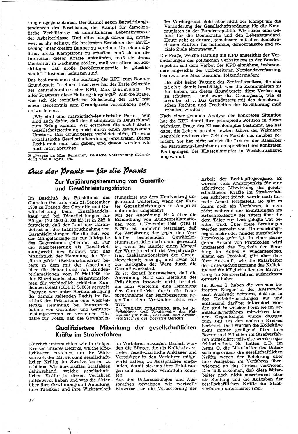 Neue Justiz (NJ), Zeitschrift für Recht und Rechtswissenschaft [Deutsche Demokratische Republik (DDR)], 21. Jahrgang 1967, Seite 54 (NJ DDR 1967, S. 54)