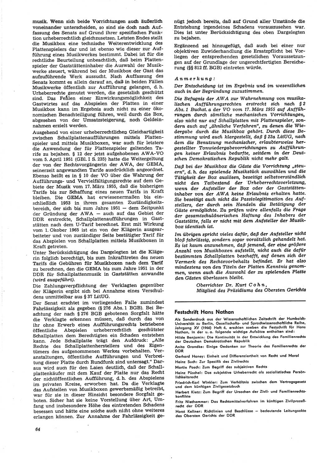 Neue Justiz (NJ), Zeitschrift für Recht und Rechtswissenschaft [Deutsche Demokratische Republik (DDR)], 21. Jahrgang 1967, Seite 64 (NJ DDR 1967, S. 64)