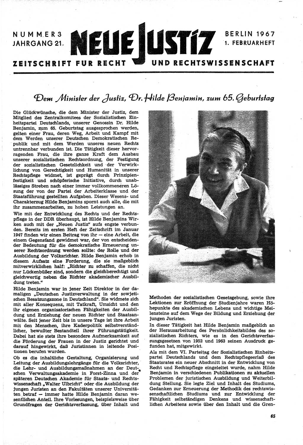 Neue Justiz (NJ), Zeitschrift für Recht und Rechtswissenschaft [Deutsche Demokratische Republik (DDR)], 21. Jahrgang 1967, Seite 65 (NJ DDR 1967, S. 65)