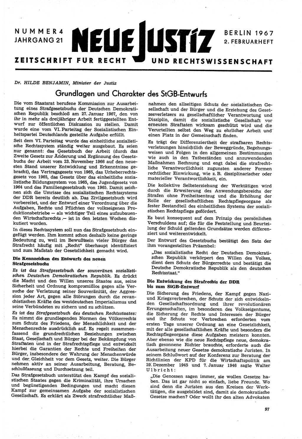 Neue Justiz (NJ), Zeitschrift für Recht und Rechtswissenschaft [Deutsche Demokratische Republik (DDR)], 21. Jahrgang 1967, Seite 97 (NJ DDR 1967, S. 97)
