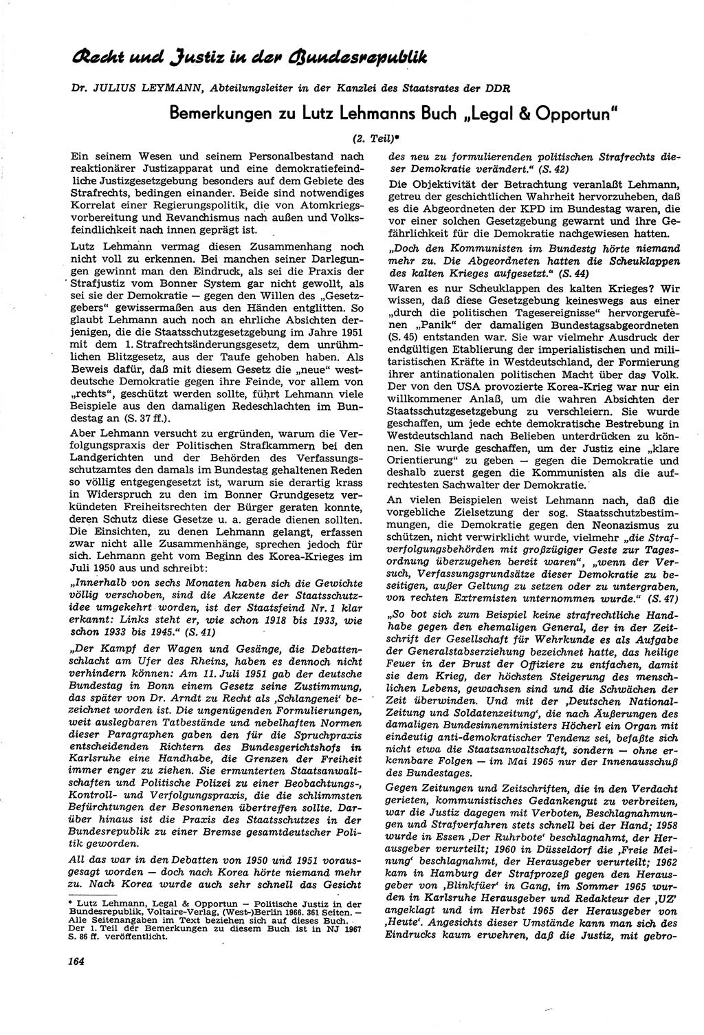Neue Justiz (NJ), Zeitschrift für Recht und Rechtswissenschaft [Deutsche Demokratische Republik (DDR)], 21. Jahrgang 1967, Seite 164 (NJ DDR 1967, S. 164)