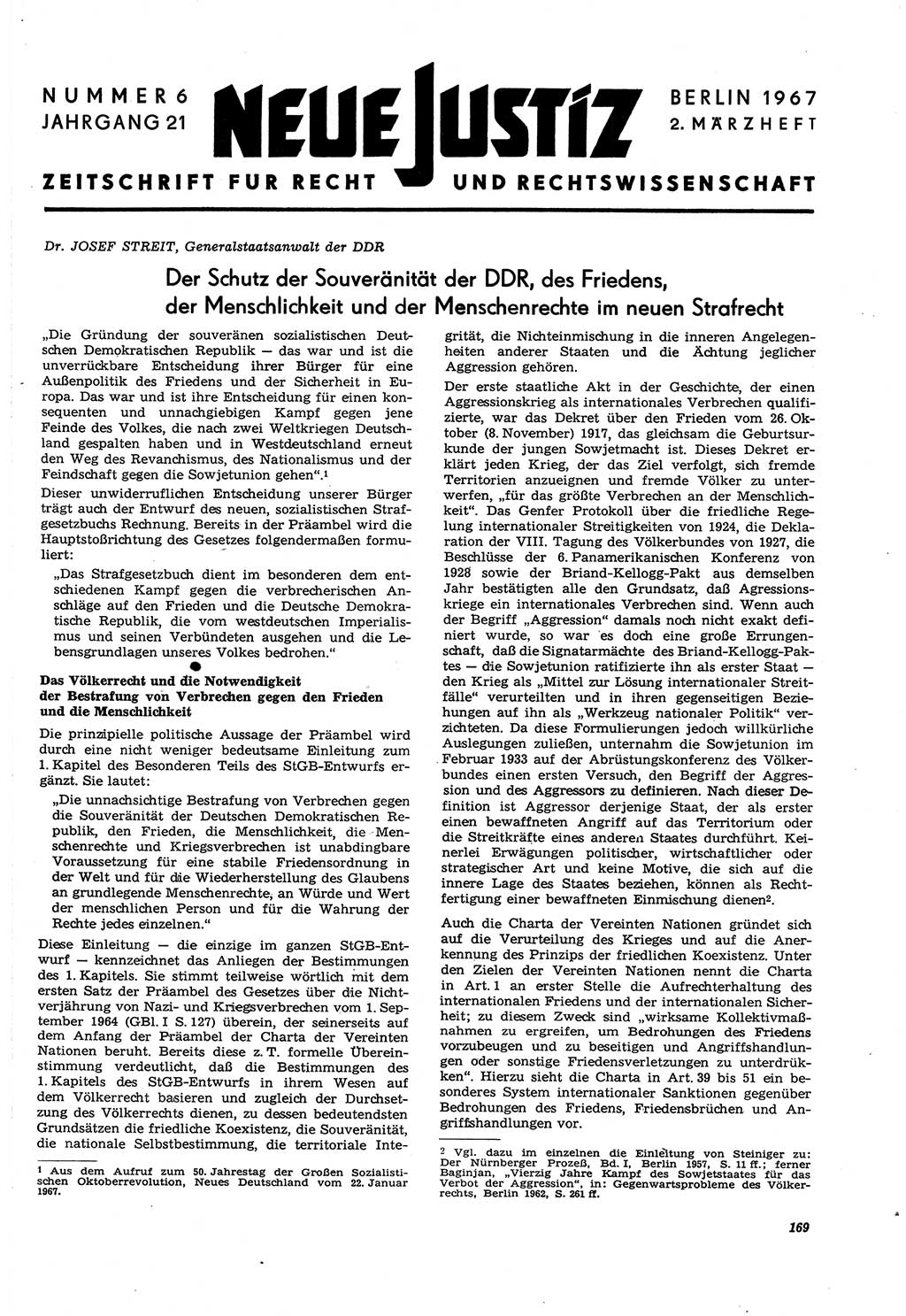 Neue Justiz (NJ), Zeitschrift für Recht und Rechtswissenschaft [Deutsche Demokratische Republik (DDR)], 21. Jahrgang 1967, Seite 169 (NJ DDR 1967, S. 169)