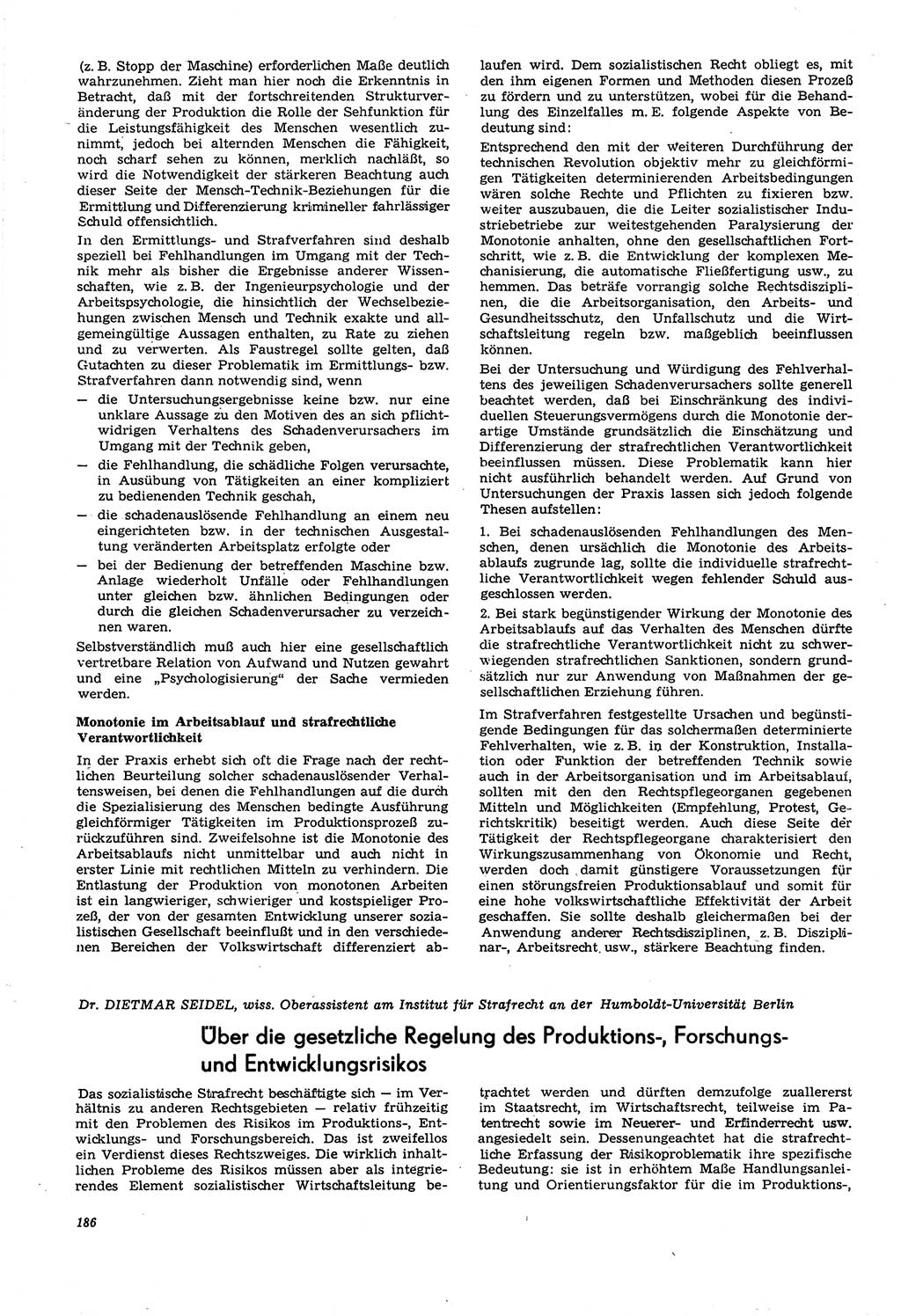 Neue Justiz (NJ), Zeitschrift für Recht und Rechtswissenschaft [Deutsche Demokratische Republik (DDR)], 21. Jahrgang 1967, Seite 186 (NJ DDR 1967, S. 186)