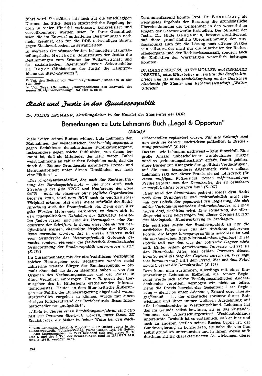 Neue Justiz (NJ), Zeitschrift für Recht und Rechtswissenschaft [Deutsche Demokratische Republik (DDR)], 21. Jahrgang 1967, Seite 194 (NJ DDR 1967, S. 194)