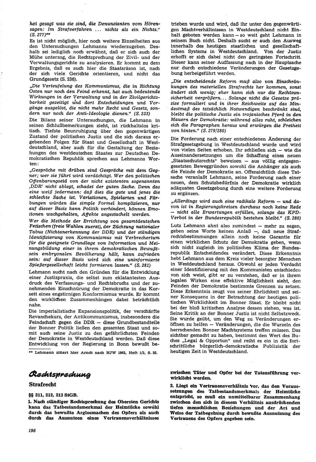 Neue Justiz (NJ), Zeitschrift für Recht und Rechtswissenschaft [Deutsche Demokratische Republik (DDR)], 21. Jahrgang 1967, Seite 196 (NJ DDR 1967, S. 196)