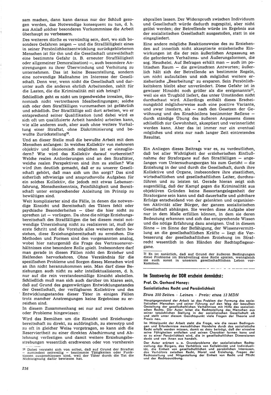 Neue Justiz (NJ), Zeitschrift für Recht und Rechtswissenschaft [Deutsche Demokratische Republik (DDR)], 21. Jahrgang 1967, Seite 216 (NJ DDR 1967, S. 216)