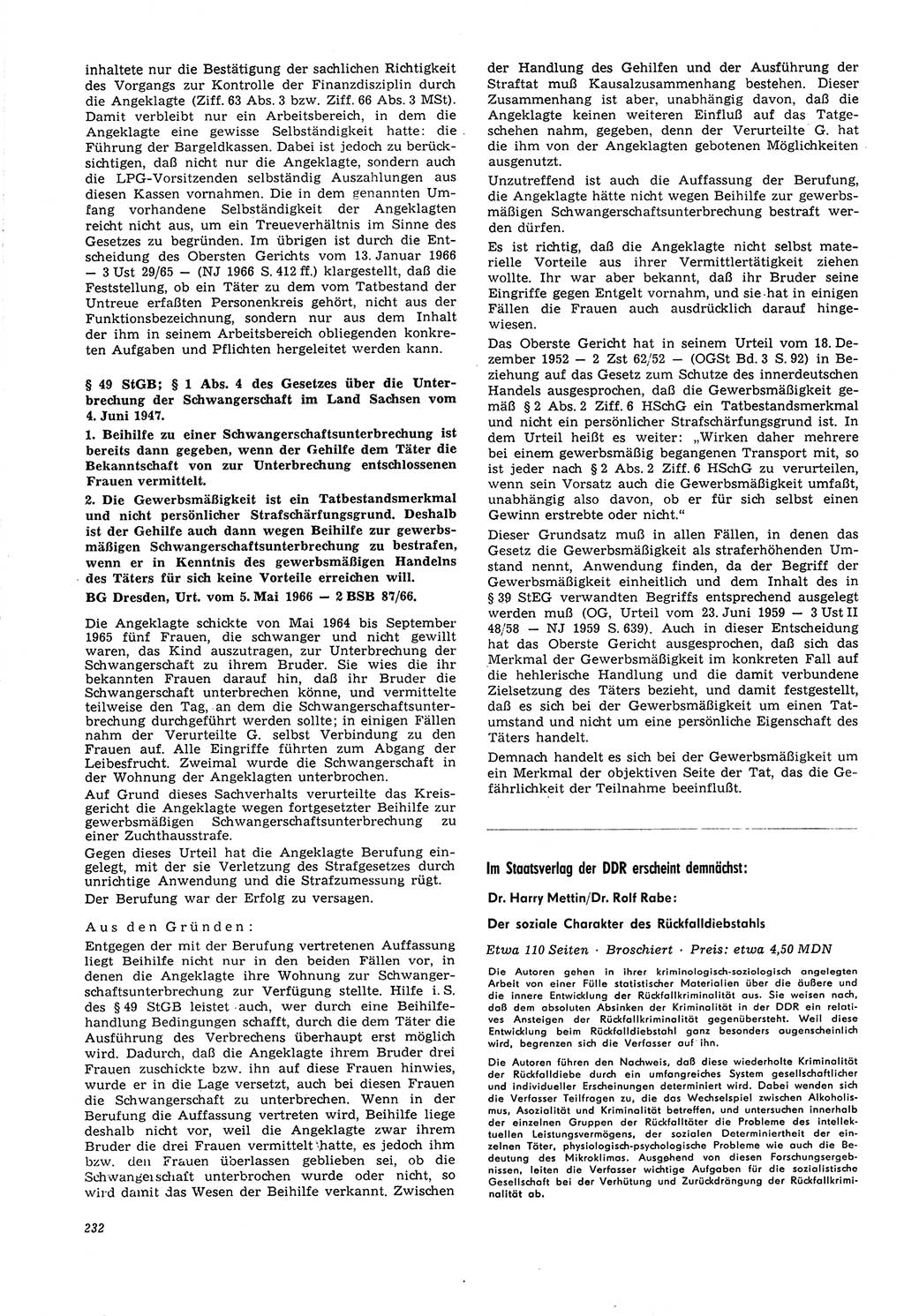 Neue Justiz (NJ), Zeitschrift für Recht und Rechtswissenschaft [Deutsche Demokratische Republik (DDR)], 21. Jahrgang 1967, Seite 232 (NJ DDR 1967, S. 232)