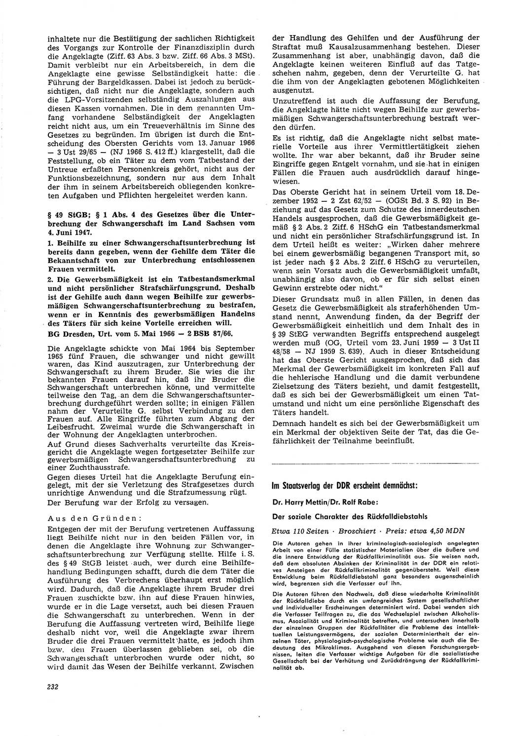 Neue Justiz (NJ), Zeitschrift für Recht und Rechtswissenschaft [Deutsche Demokratische Republik (DDR)], 21. Jahrgang 1967, Seite 232 (NJ DDR 1967, S. 232)